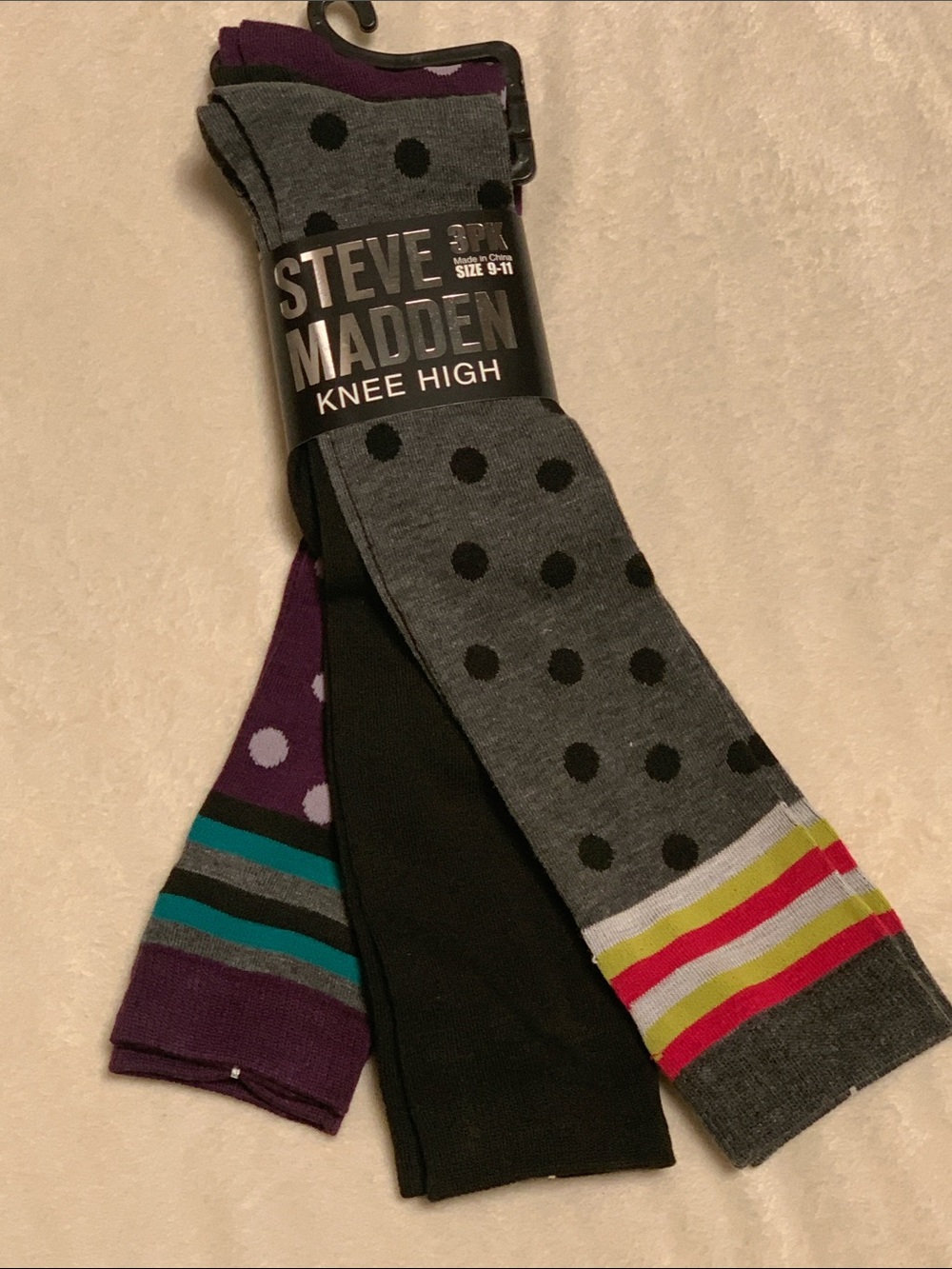 Steve Madden Knee-High Sock Trio in Gray, Black & Purple